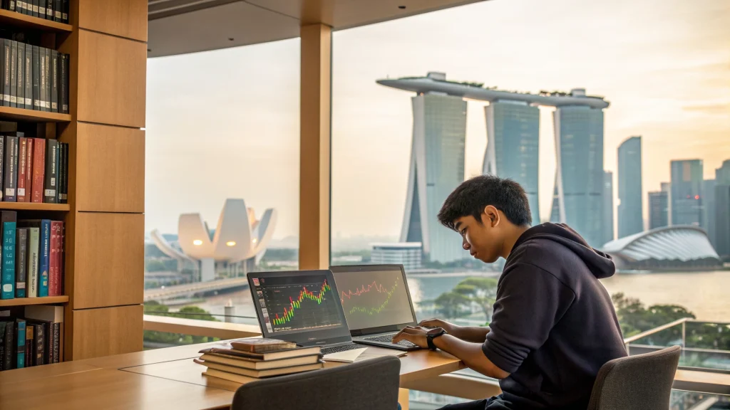 A professional Indian student studying data science in a modern Singapore classroom with the city skyline in the background.